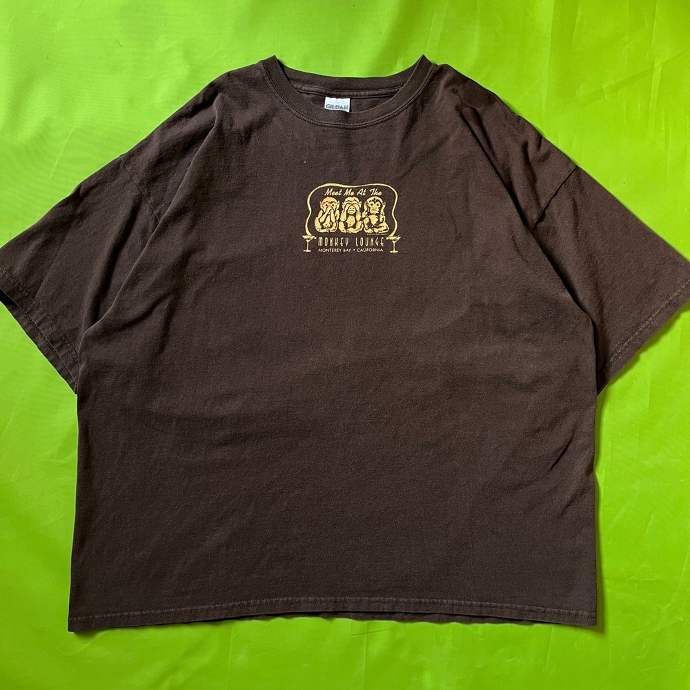 VTG Hear See Speak No Evil Monkey Lounge Bar Monterey Cali Shirt 2XL Brown Tee